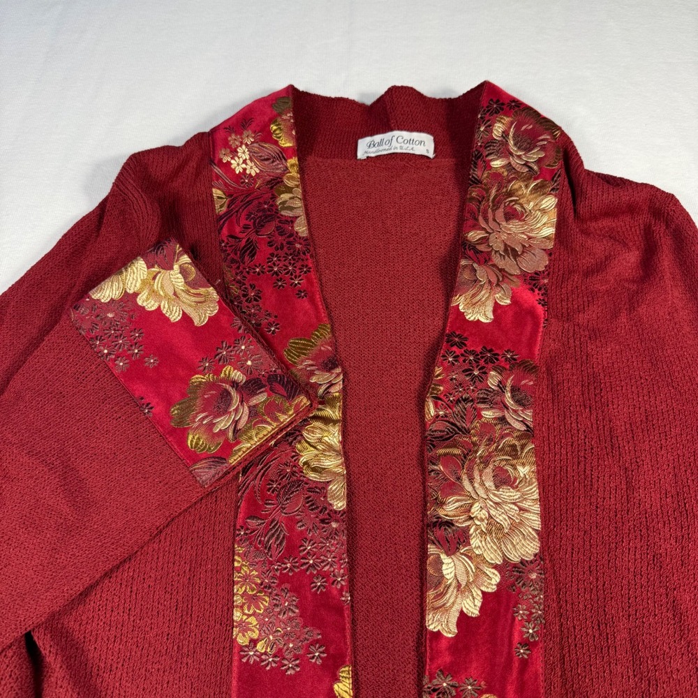Ball of Cotton Red Textured Knit Cardigan with Floral Brocade Trim Women's S - Picture 14 of 16
